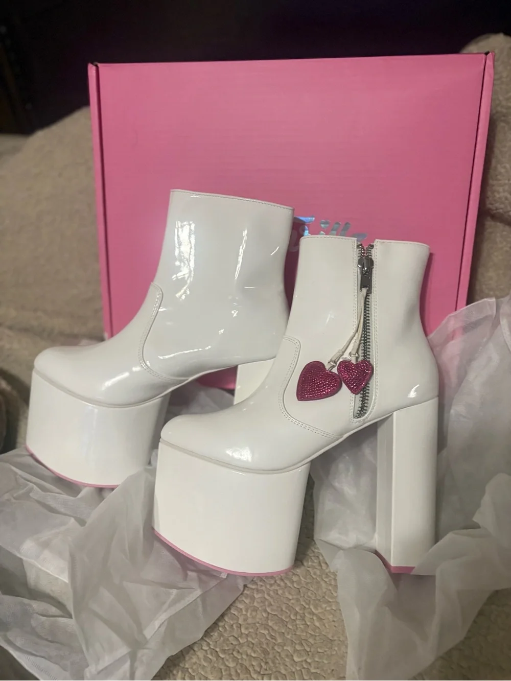Dolls Kill SugarThrillz  White Patent Platform Ankle Boots with Heart ZipperPull